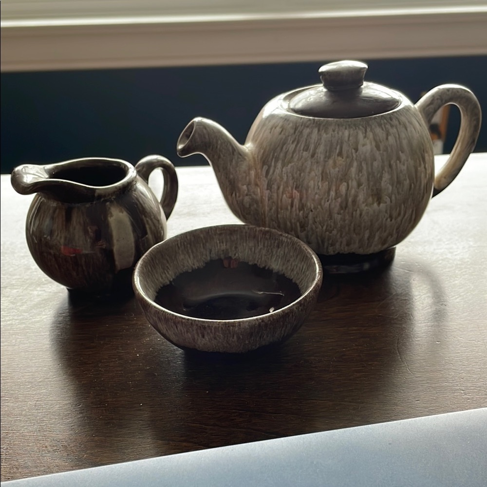 Vintage Evangeline Glazed teapot, creamer and sugar bowl